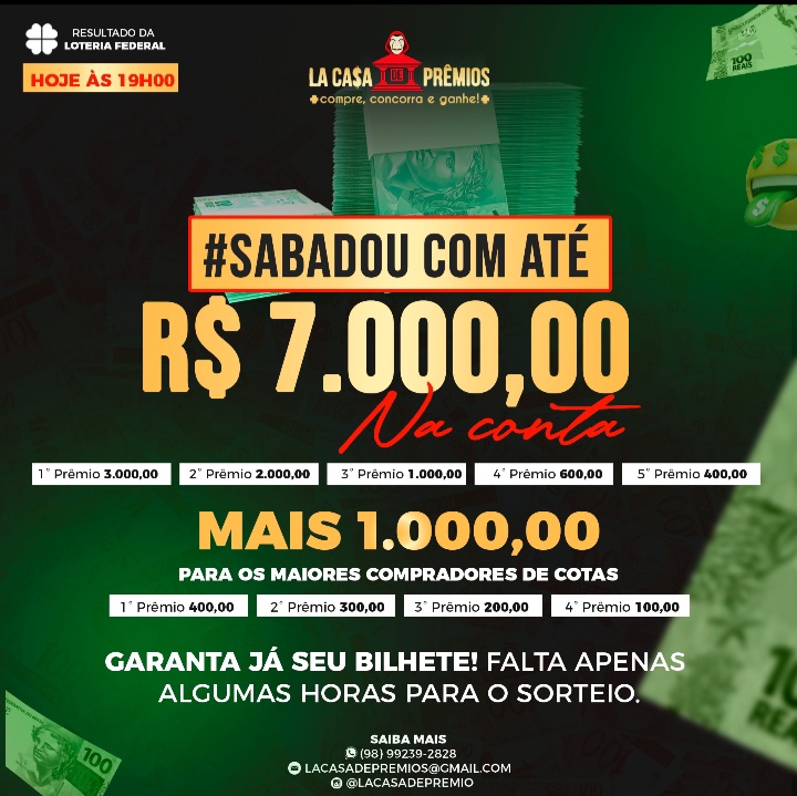 Concorra a 7.000,00 mil reais em prêmios por apenas 1,00 real (resultado pela loteria federal)