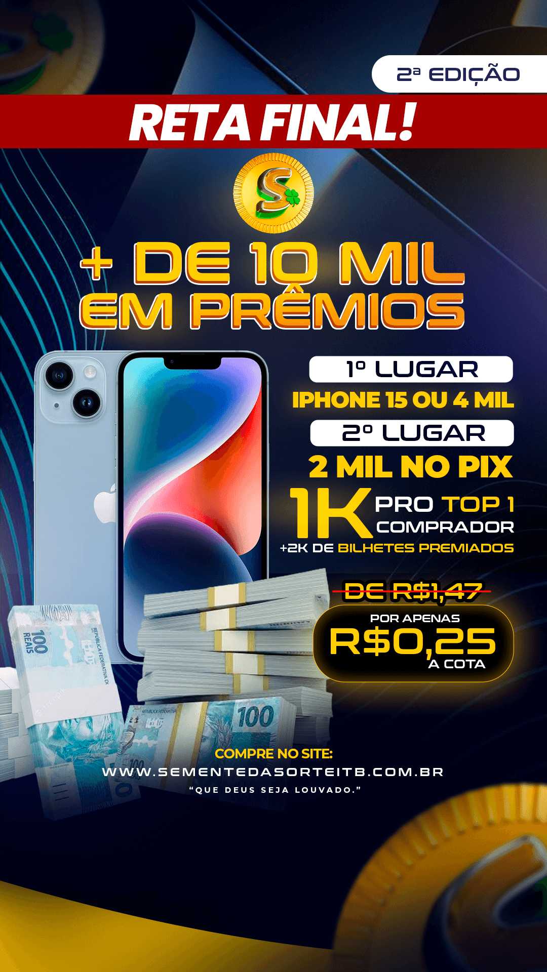 2° edição semente da sorte, 1° lugar iphone 15 ou 4k, 2° lugar 2k no pix 🥳🍀