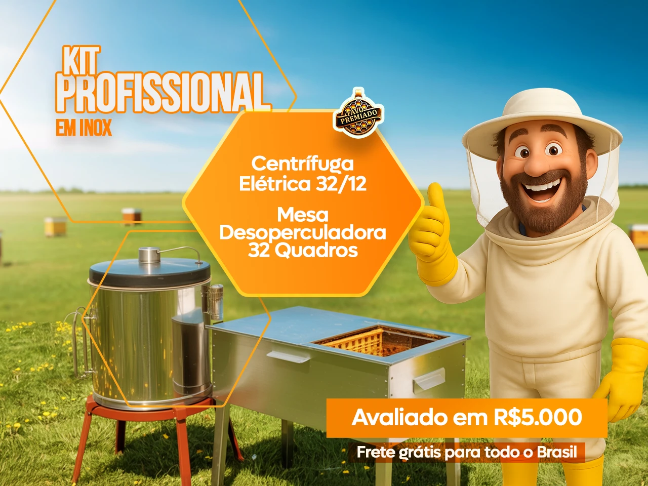Kit Profissional em Inox: Centrifuga Elétrica 32/12 Quadros + ⁠Mesa Desoperculadora 32 Quadros